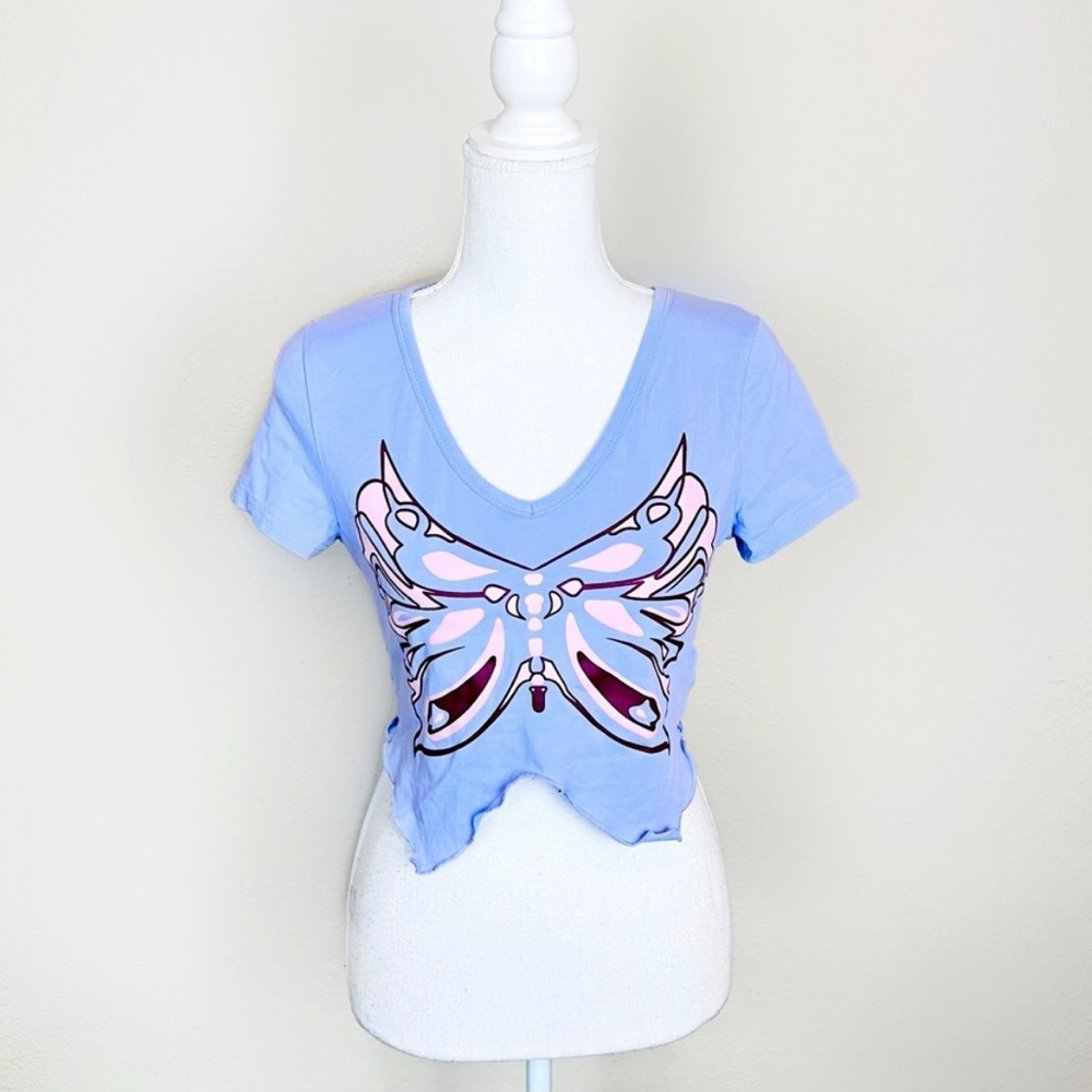 Lavender, Pink & Brown Butterfly Lettuce Hem Asymmetrical Short Sleeve Crop Top